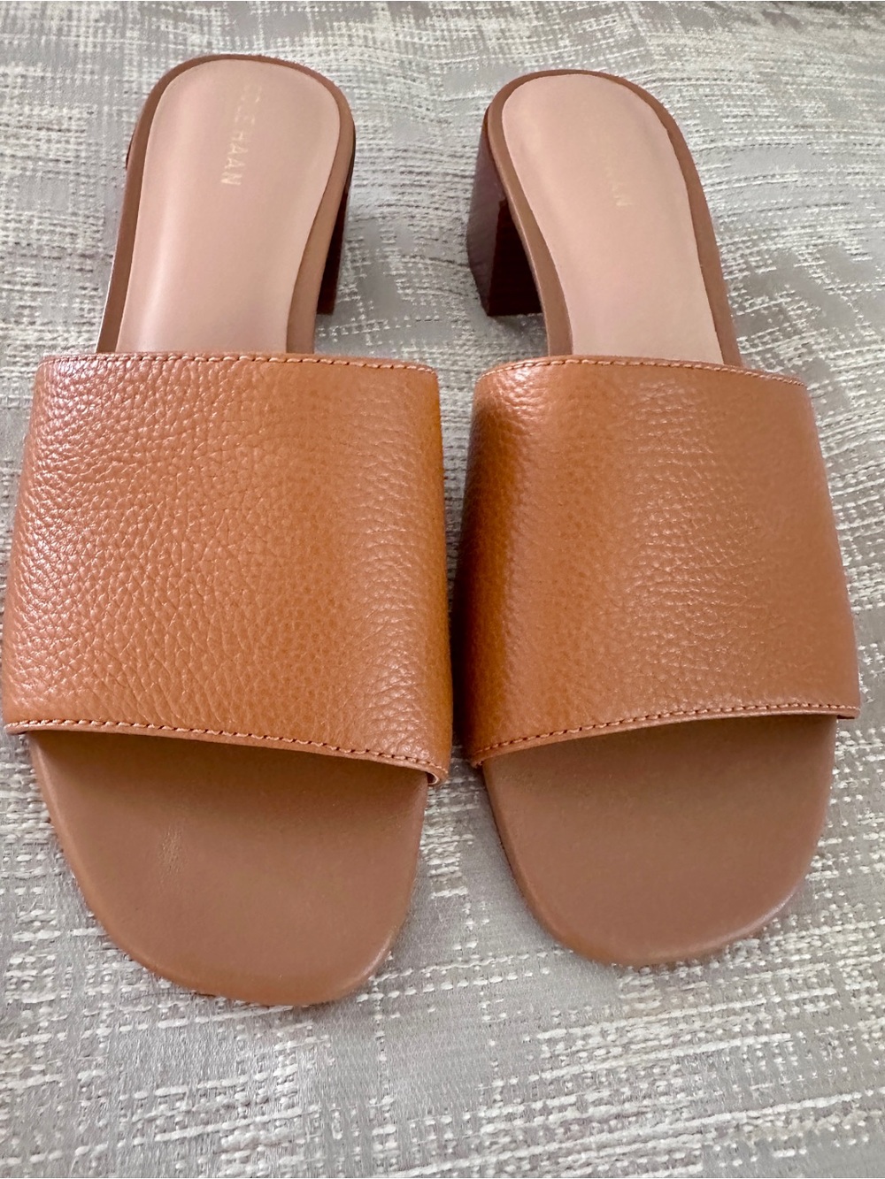 Cole Haan Cognac Pebble Leather Slide Sandals with Block Heel